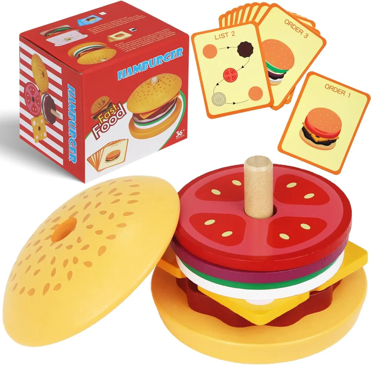Wooden Burger Sandwich Stacking Toys For Toddler Kids