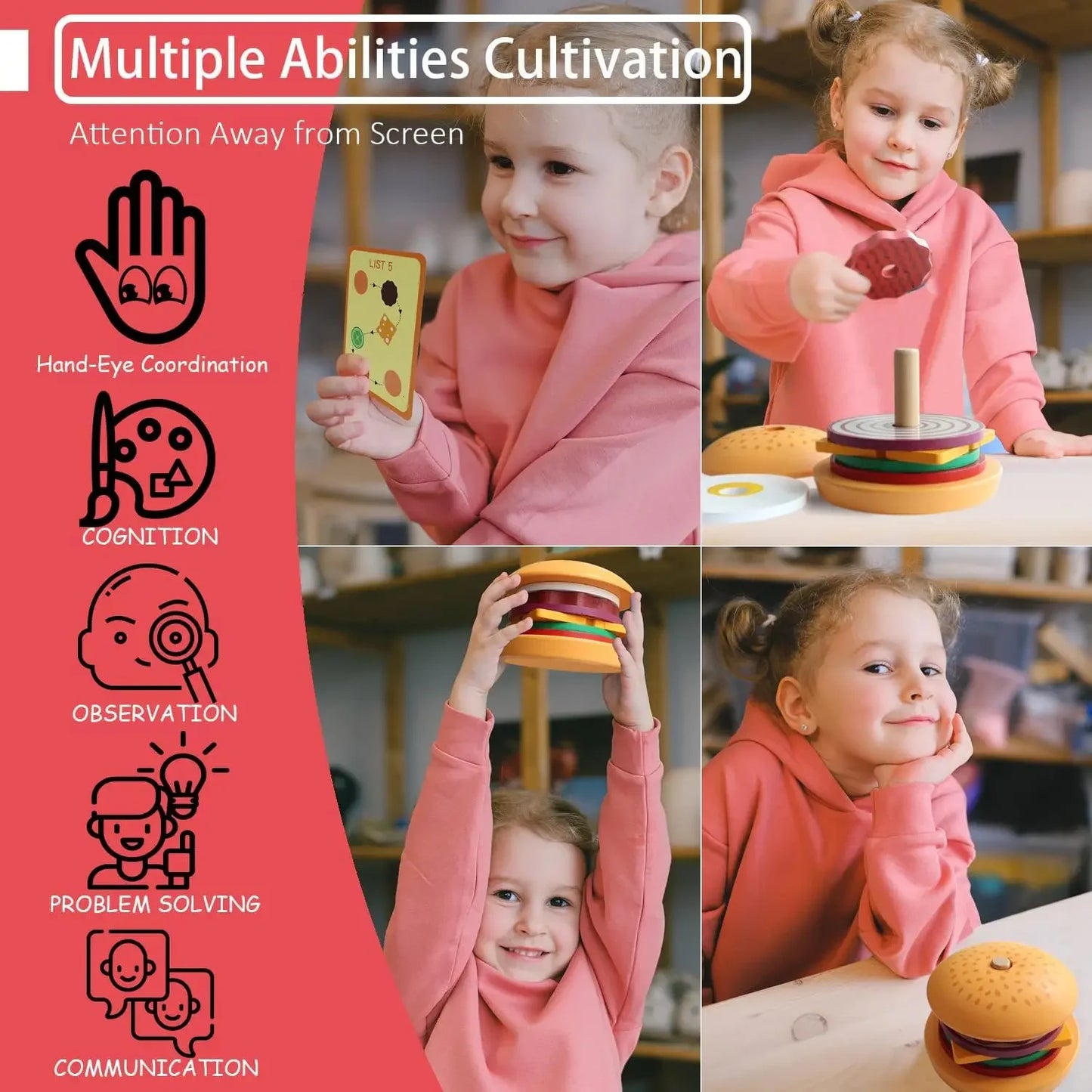 Wooden Burger Sandwich Stacking Toys For Toddler Kids