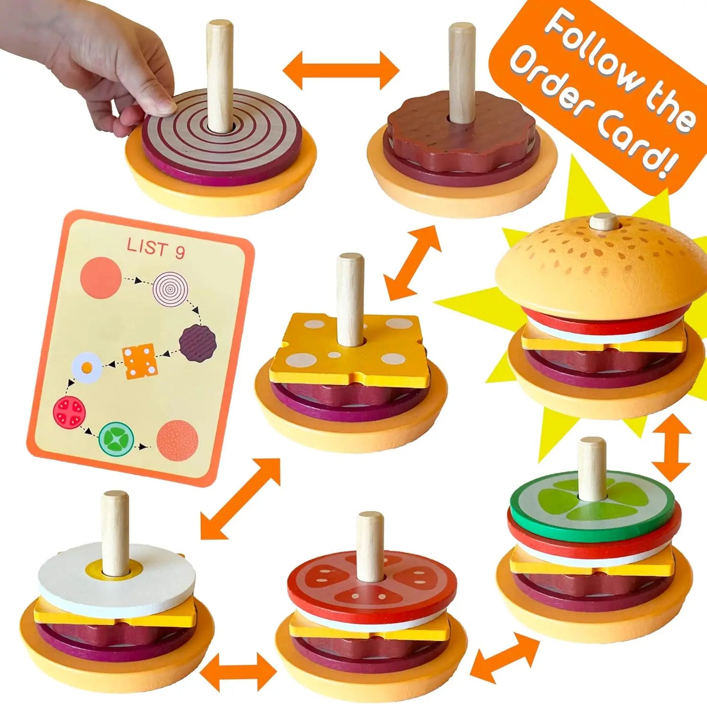 Wooden Burger Sandwich Stacking Toys For Toddler Kids