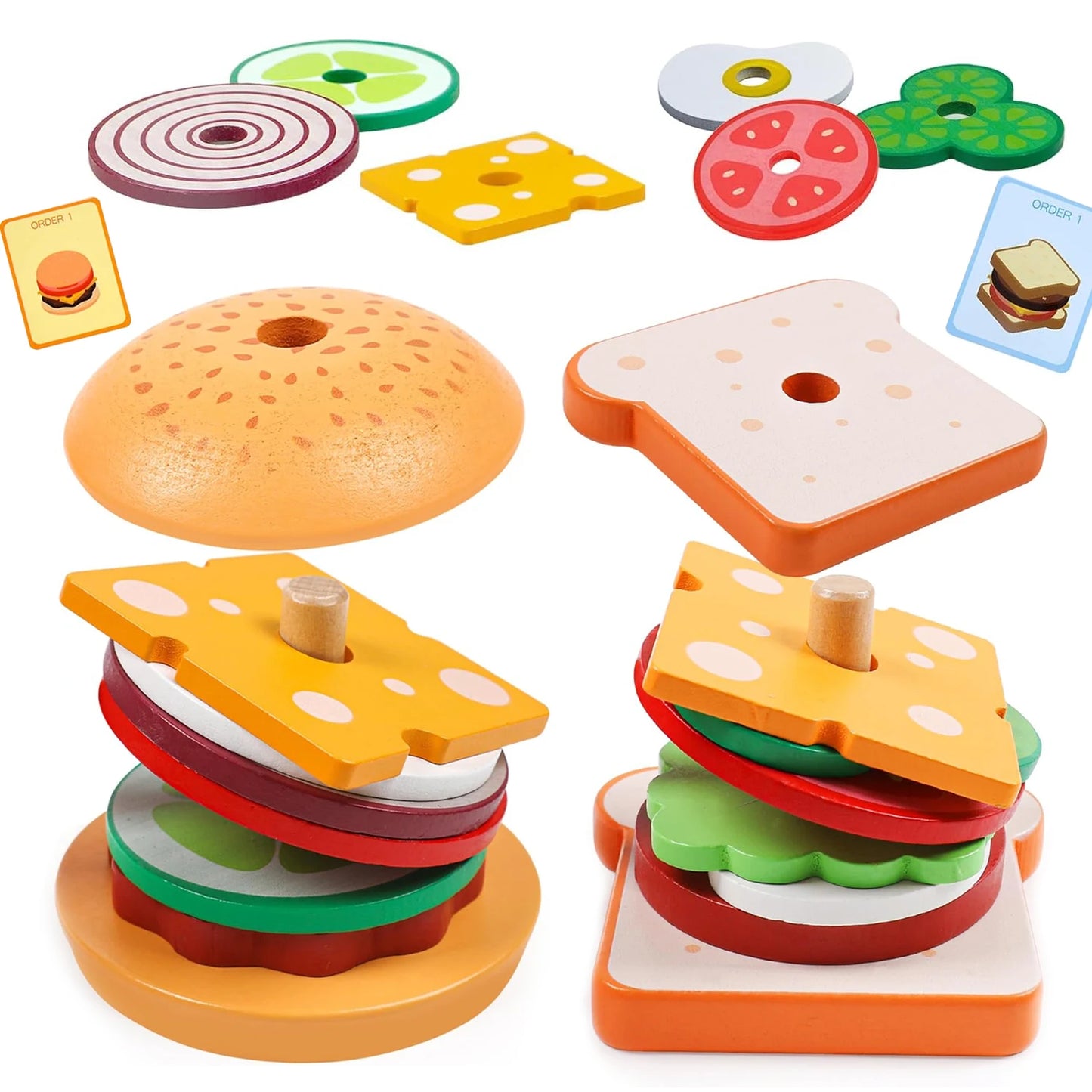 Wooden Burger Sandwich Stacking Toys For Toddler Kids