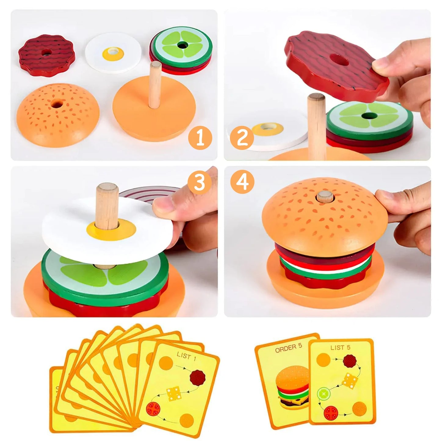 Wooden Burger Sandwich Stacking Toys For Toddler Kids
