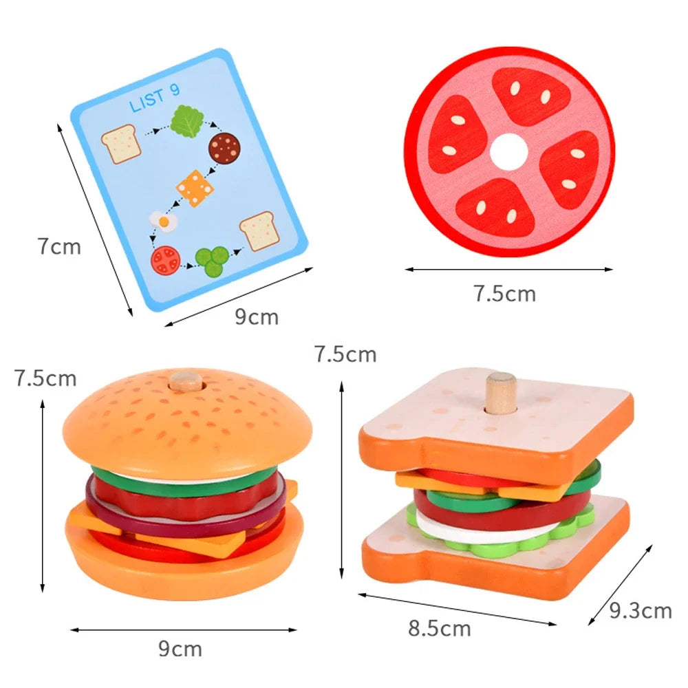 Wooden Burger Sandwich Stacking Toys For Toddler Kids