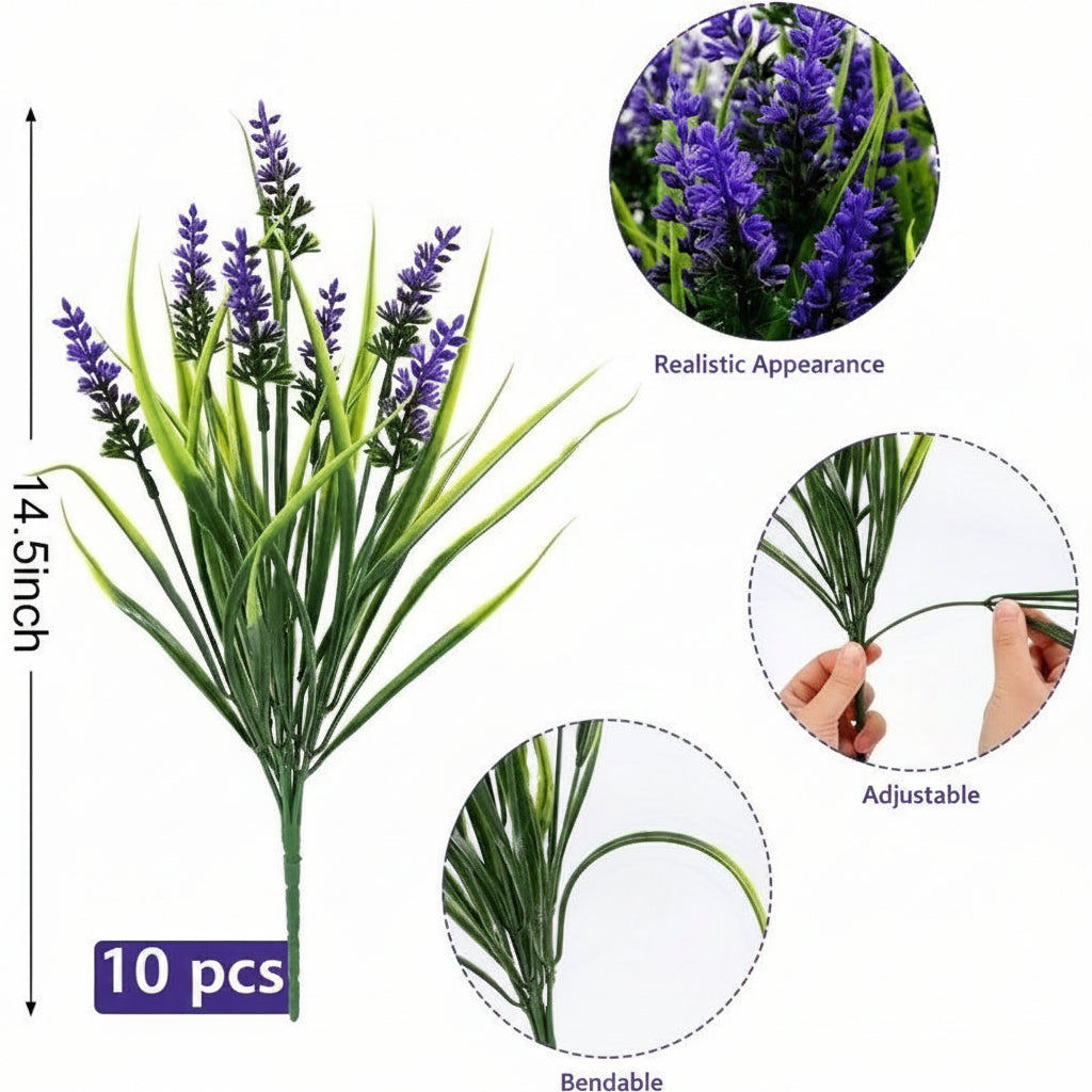 10pcs 14.5" Artificial Lavender & Monkey Grass Flowers Realistic Stems